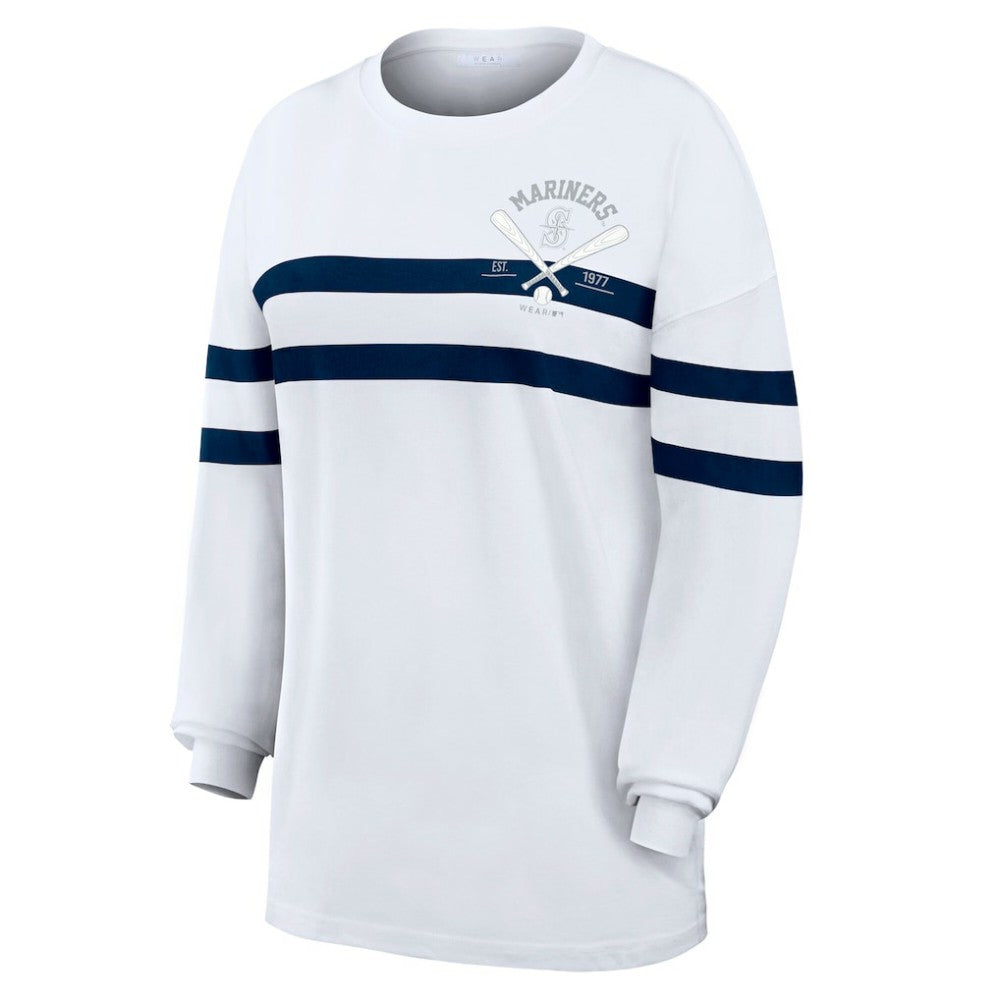 Seattle Mariners WEAR by Erin Andrews Women's Oversized Long Sleeve Striped T-Shirt - White T-shirts
