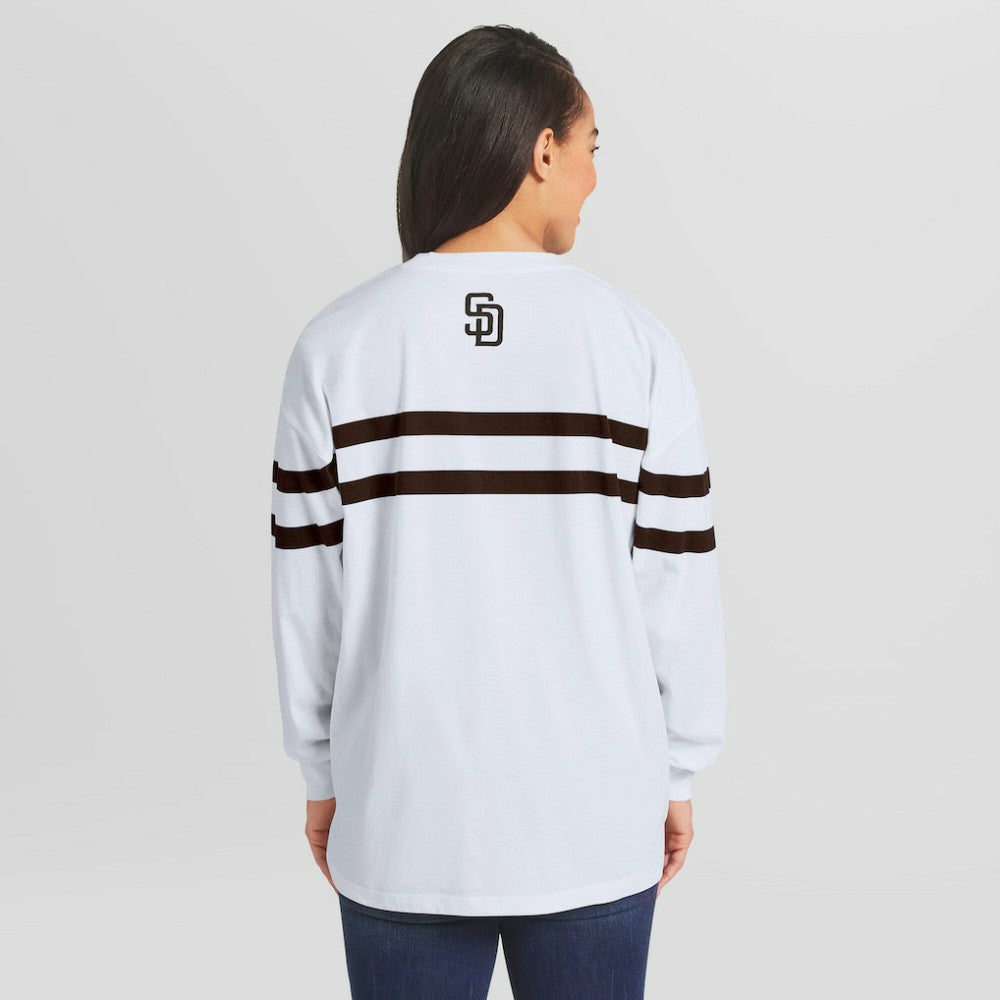 San Diego Padres WEAR by Erin Andrews Women's Oversized Long Sleeve Striped T-Shirt - White T-shirts