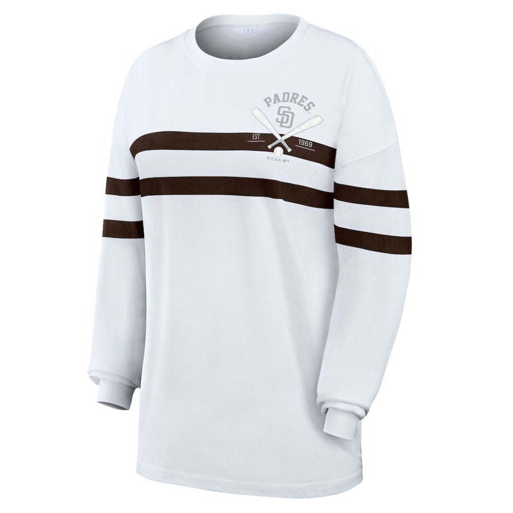 San Diego Padres WEAR by Erin Andrews Women's Oversized Long Sleeve Striped T-Shirt - White T-shirts