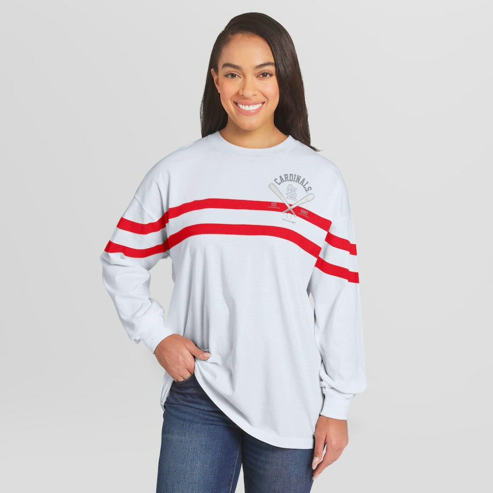 St. Louis Cardinals WEAR by Erin Andrews Women's Oversized Long Sleeve Striped T-Shirt - White T-shirts