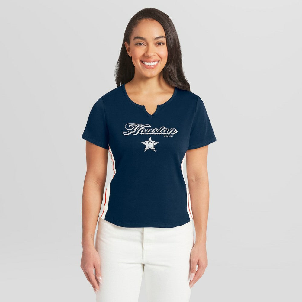 Houston Astros WEAR by Erin Andrews Women's Notch Neck Cropped T-Shirt - Navy T-shirts