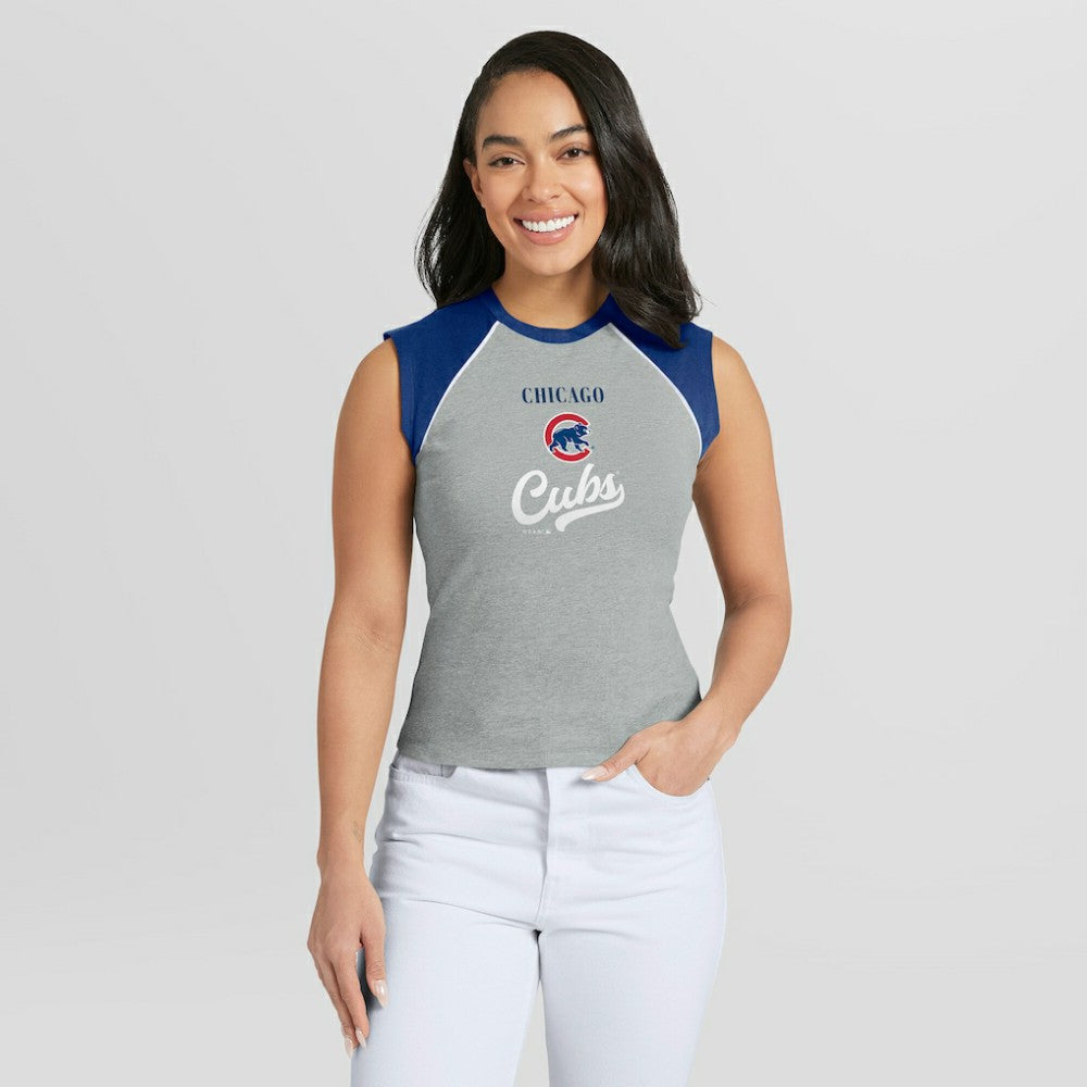 Chicago Cubs WEAR by Erin Andrews Women's Cropped Raglan Tank Top - Heather Gray Tanks
