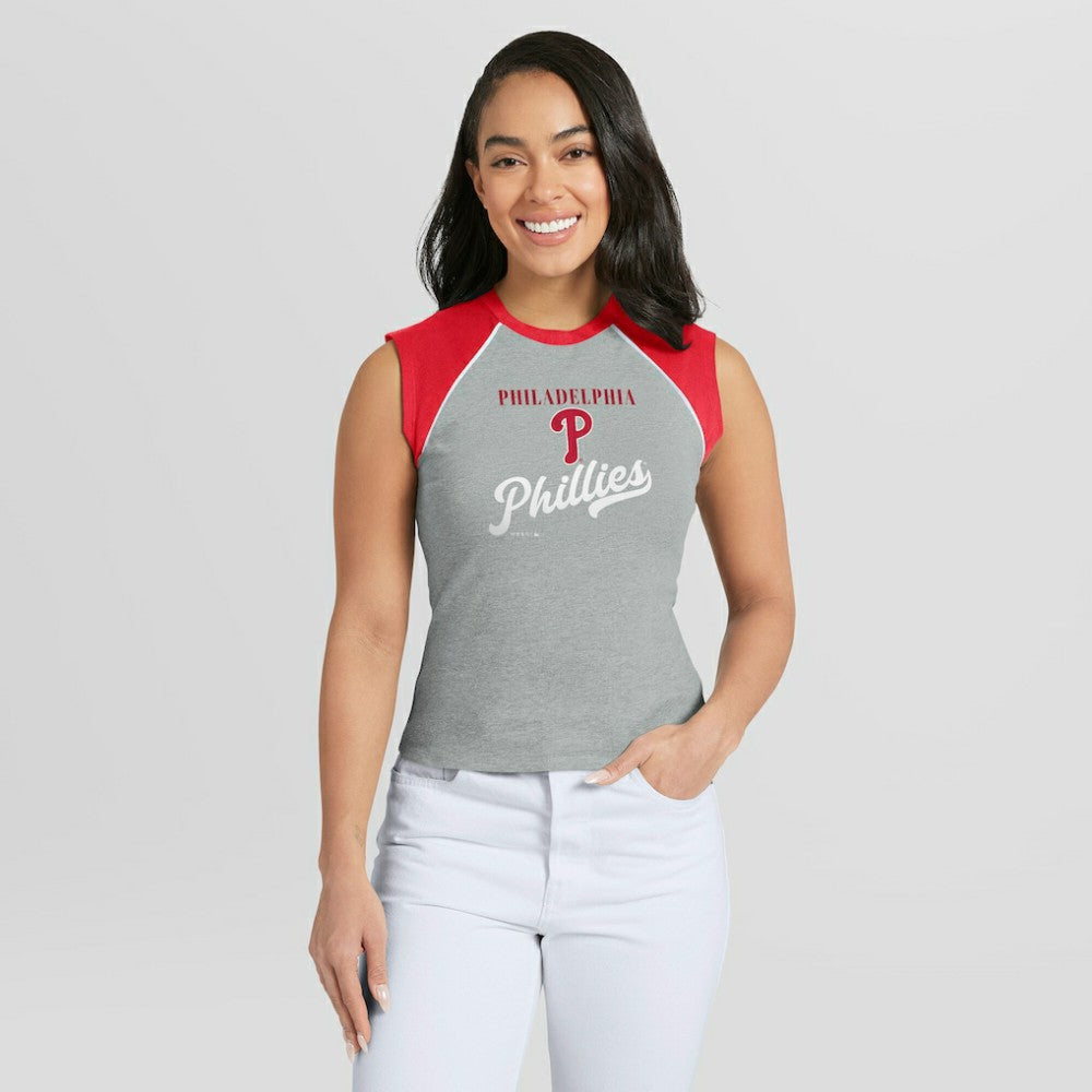 Philadelphia Phillies WEAR by Erin Andrews Women's Cropped Raglan Tank Top - Heather Gray Tanks