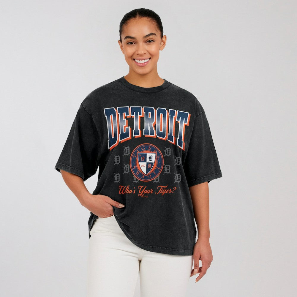 Detroit Tigers WEAR by Erin Andrews Women's Oversized Boyfriend T-Shirt - Black T-shirts