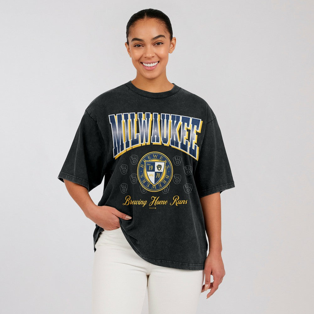 Milwaukee Brewers WEAR by Erin Andrews Women's Oversized Boyfriend T-Shirt - Black T-shirts