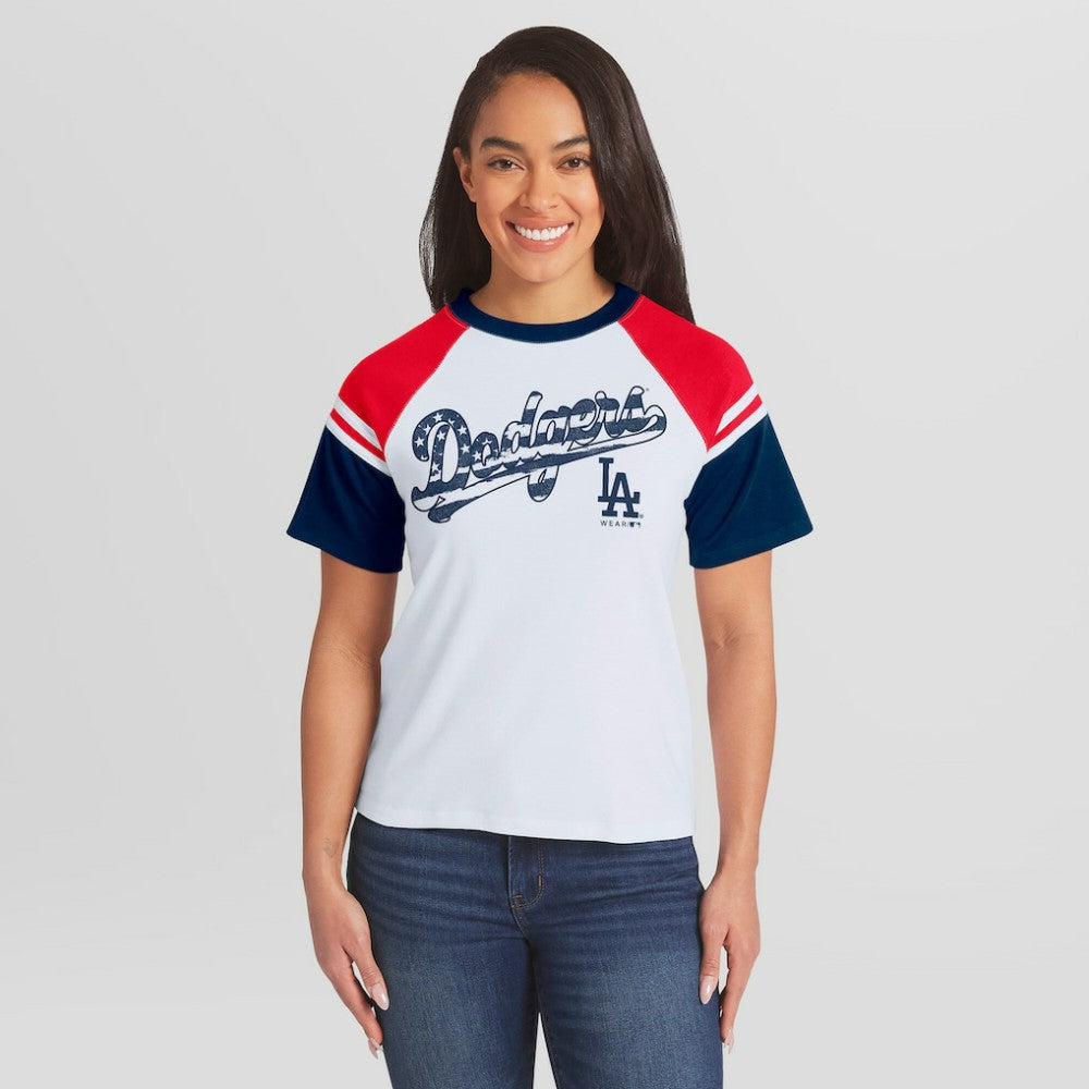 Los Angeles Dodgers WEAR by Erin Andrews Women's Striped Raglan T-Shirt - White T-shirts