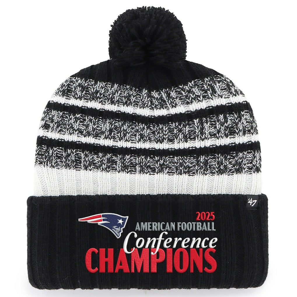 New England Patriots '47 2025 AFC Champions Tavern Cuffed Knit Hat with Pom - Black Hats
