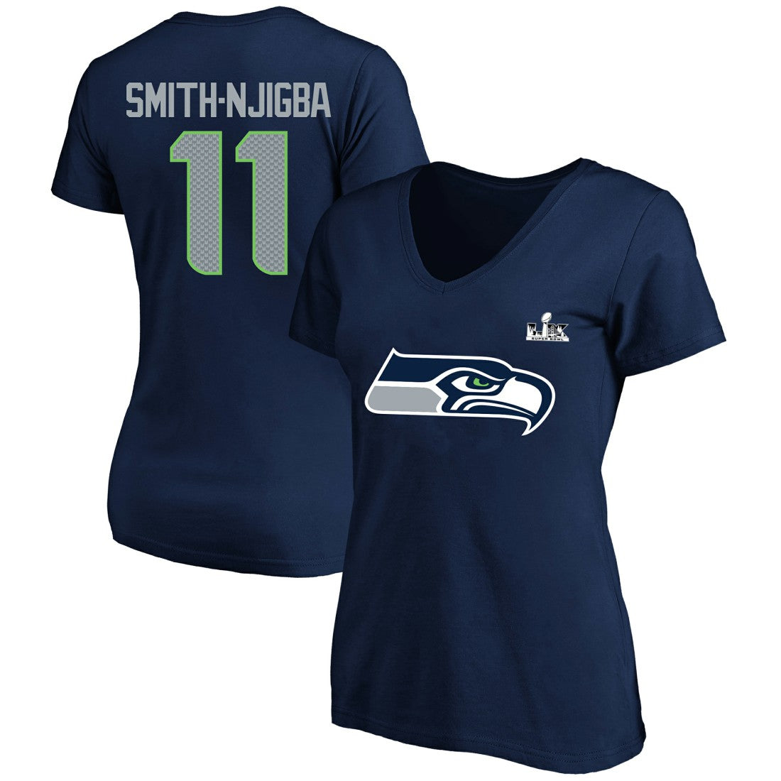 Jaxon Smith-Njigba Seattle Seahawks Women's Super Bowl LX Patch Plus Size Name & Number V-Neck T-Shirt - College Navy T-shirts