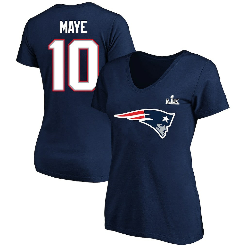 Drake Maye New England Patriots Women's Super Bowl LX Patch Plus Size Name & Number V-Neck T-Shirt - Navy T-shirts