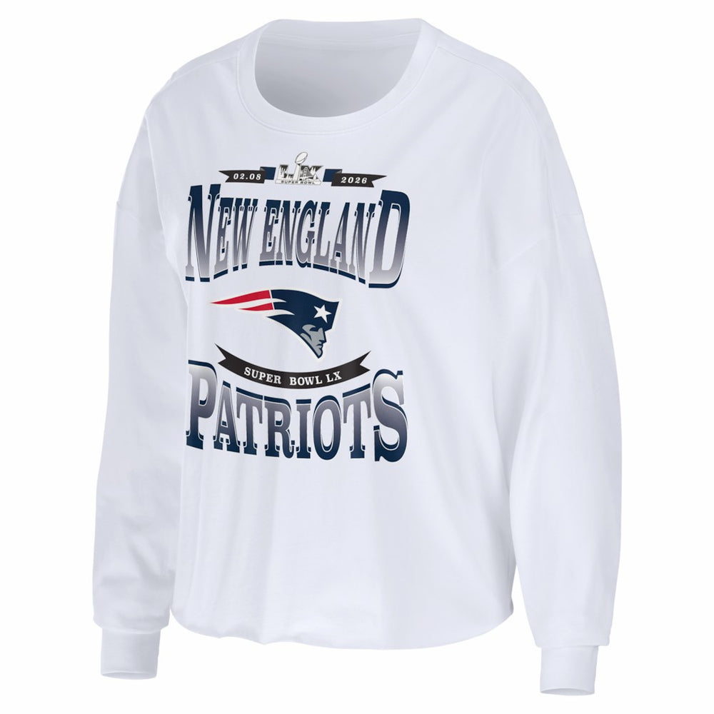 New England Patriots WEAR by Erin Andrews Women's Super Bowl LX Cropped Long Sleeve T-Shirt - White T-shirts