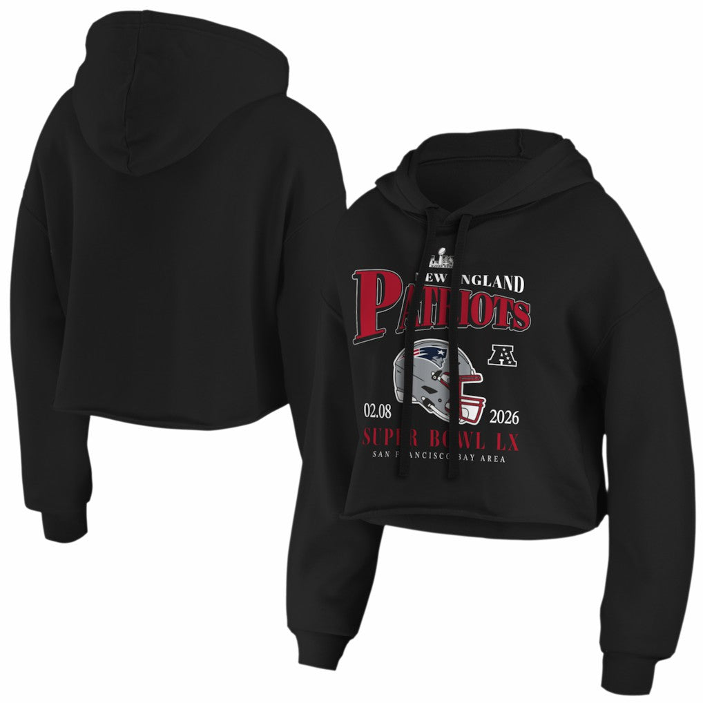 New England Patriots WEAR by Erin Andrews Women's Super Bowl LX Cropped Hoodie - Black Hoodies