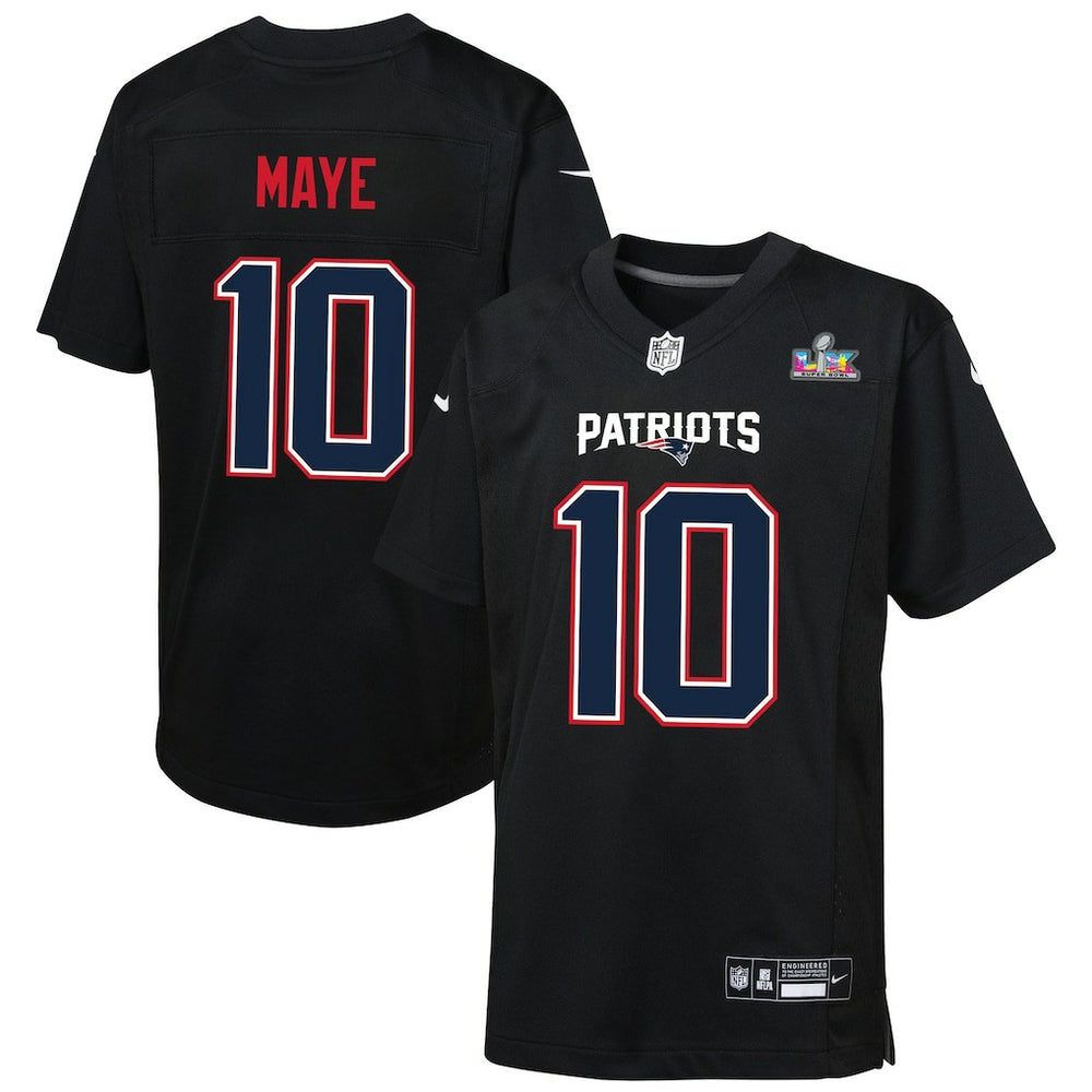 Drake Maye New England Patriots Youth Super Bowl LX Patch Carbon Fashion Game Jersey - Black Jerseys