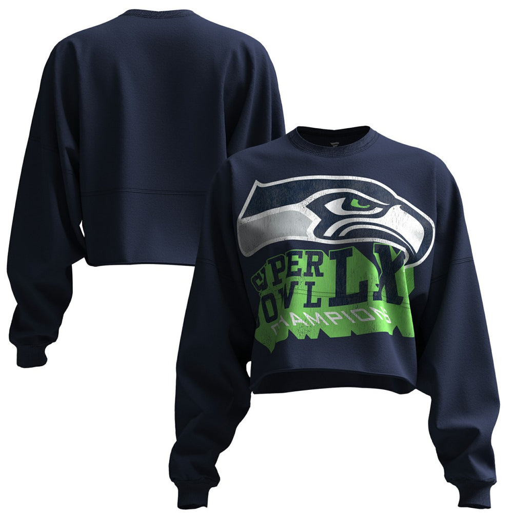 Seattle Seahawks Spirit Jersey Women's Super Bowl LX Champions Cropped Long Sleeve T-Shirt - College Navy T-shirts