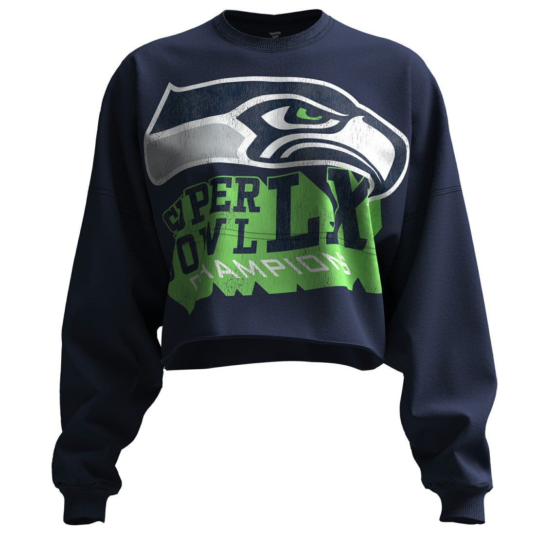 Seattle Seahawks Spirit Jersey Women's Super Bowl LX Champions Cropped Long Sleeve T-Shirt - College Navy T-shirts