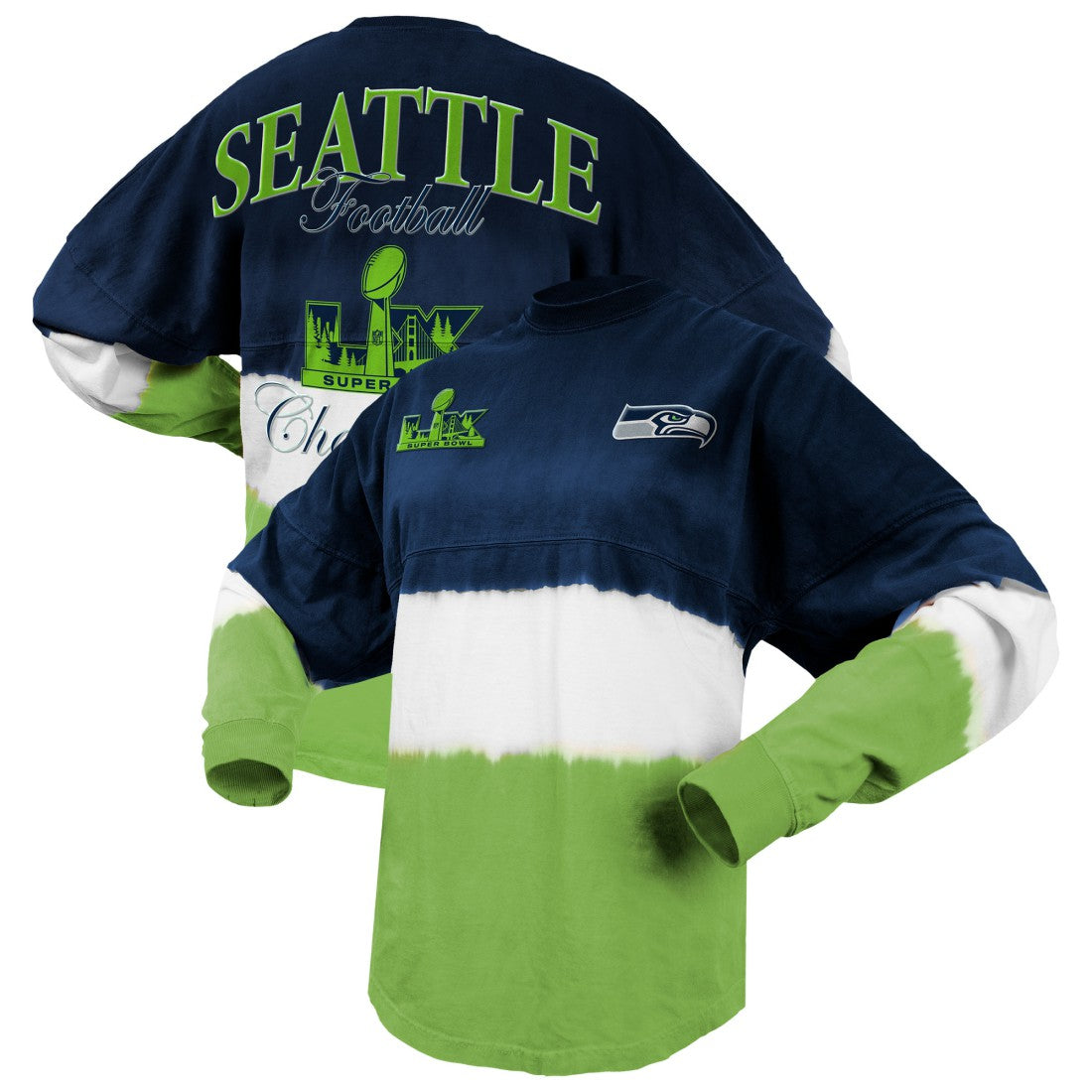 Seattle Seahawks Spirit Jersey Women's Super Bowl LX Champions Horizontal Ombre Long Sleeve T-Shirt - College Navy/Neon Green T-shirts