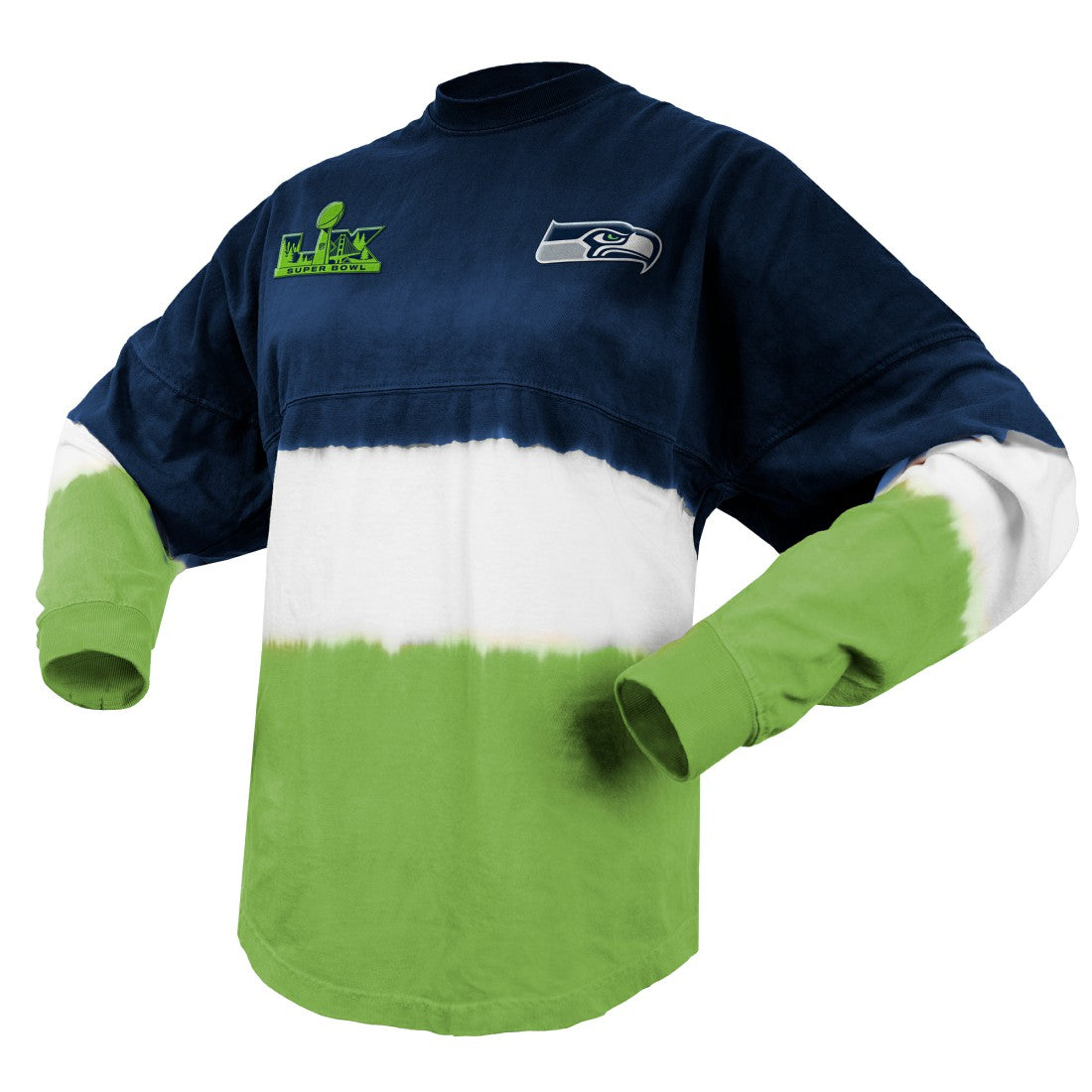 Seattle Seahawks Spirit Jersey Women's Super Bowl LX Champions Horizontal Ombre Long Sleeve T-Shirt - College Navy/Neon Green T-shirts