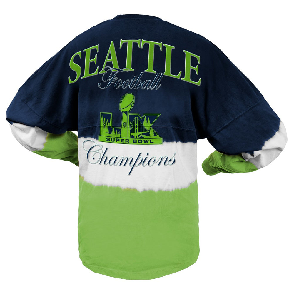 Seattle Seahawks Spirit Jersey Women's Super Bowl LX Champions Horizontal Ombre Long Sleeve T-Shirt - College Navy/Neon Green T-shirts