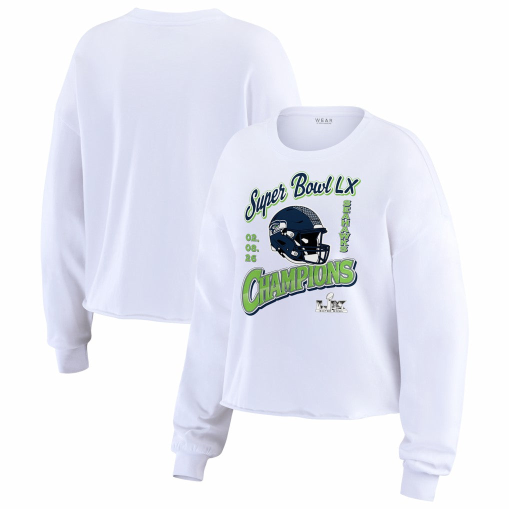 Seattle Seahawks WEAR by Erin Andrews Women's Super Bowl LX Champions Cropped Long Sleeve T-Shirt - White T-shirts