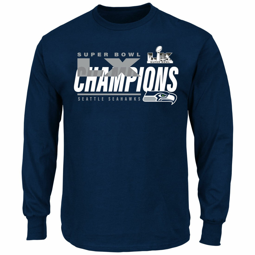 Seattle Seahawks Super Bowl LX Champions Big & Tall Iconic Victory Long Sleeve T-Shirt - College Navy T-shirts