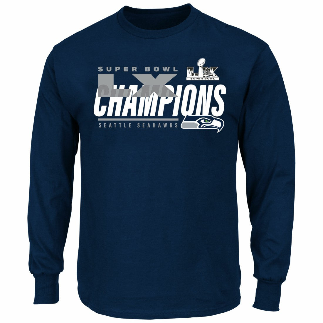 Seattle Seahawks Super Bowl LX Champions Big & Tall Iconic Victory Long Sleeve T-Shirt - College Navy T-shirts