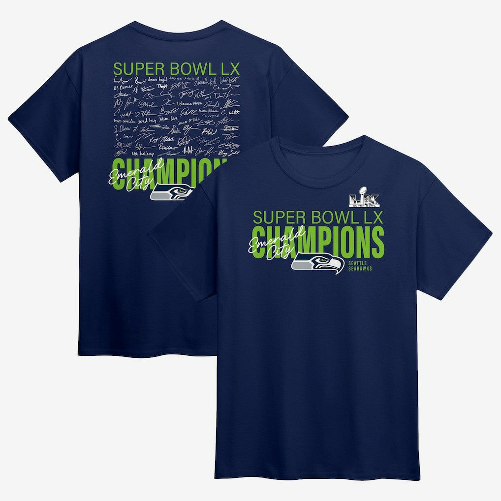 Seattle Seahawks Super Bowl LX Champions Big & Tall Autograph Signing Roster T-Shirt - College Navy T-shirts