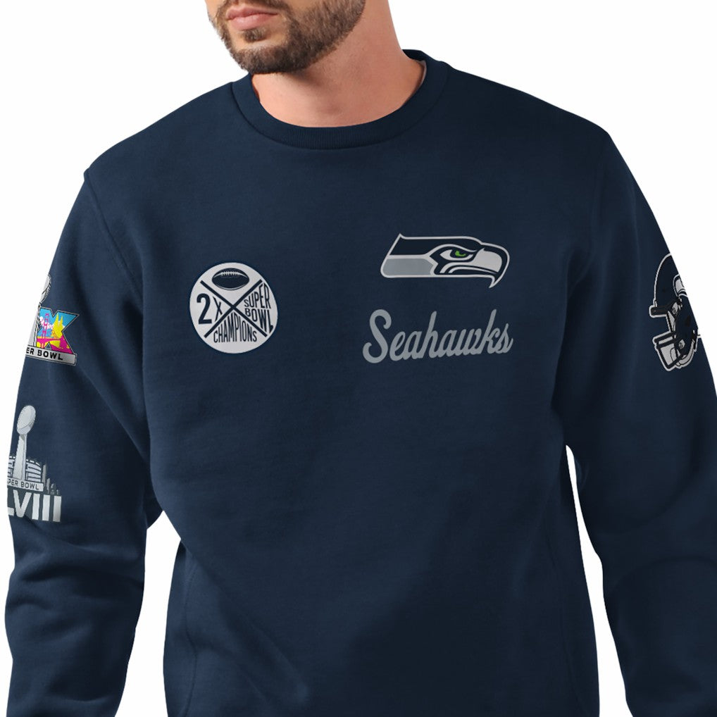 Seattle Seahawks Starter Two-Time Super Bowl Champions Classic Fleece Sweatshirt - College Navy Sweatshirts