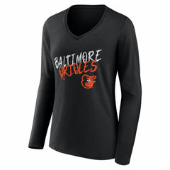 Baltimore Orioles Women's Hustle Personalized Name & Number Long Sleeve V-Neck T-Shirt - Black T-shirts