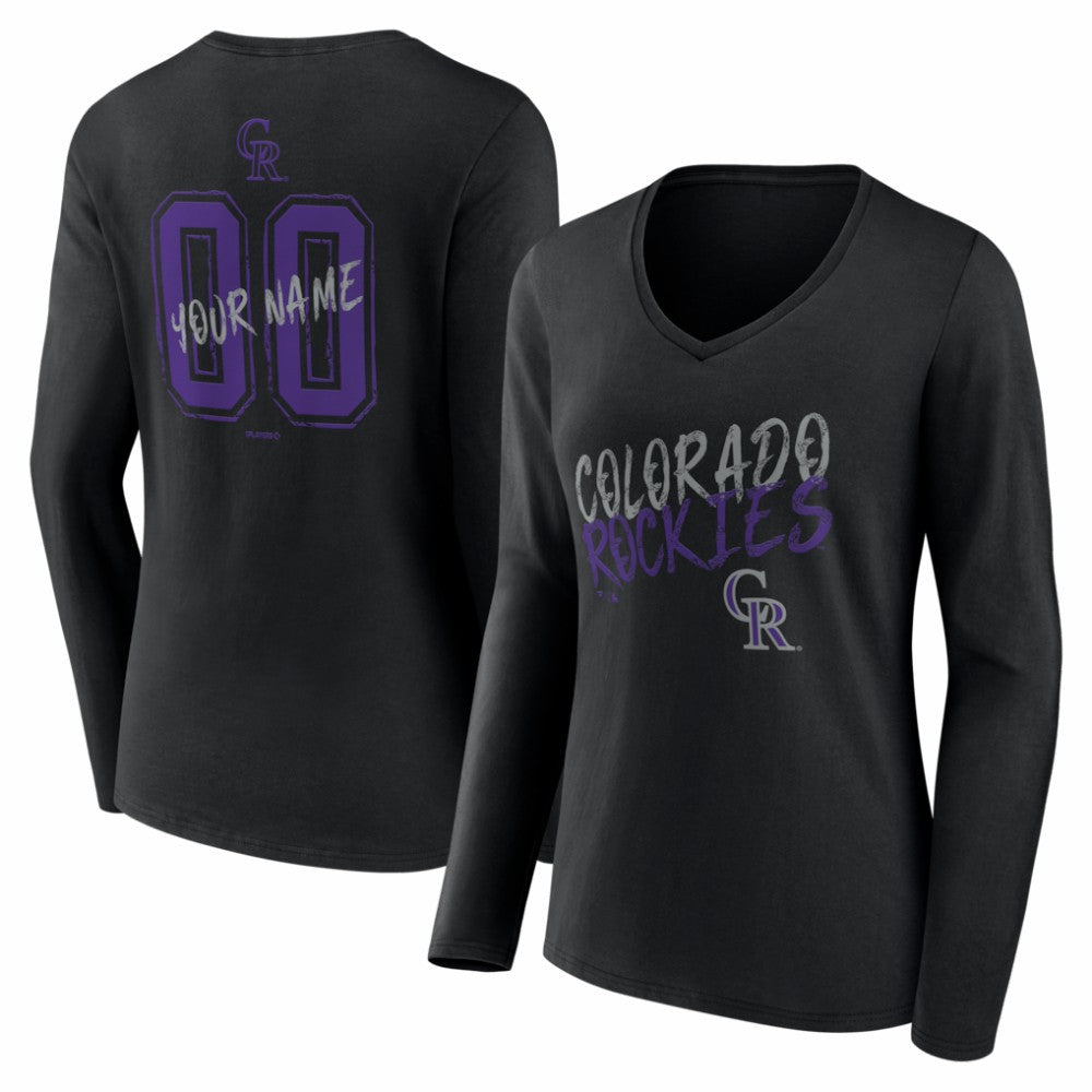 Colorado Rockies Women's Hustle Personalized Name & Number Long Sleeve V-Neck T-Shirt - Black T-shirts