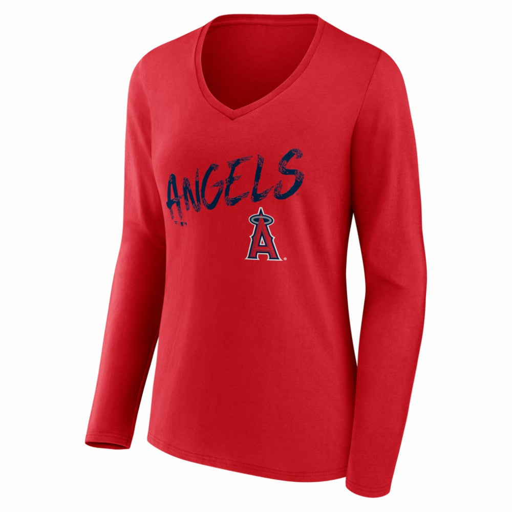 Los Angeles Angels Women's Hustle Personalized Name & Number Long Sleeve V-Neck T-Shirt - Red T-shirts