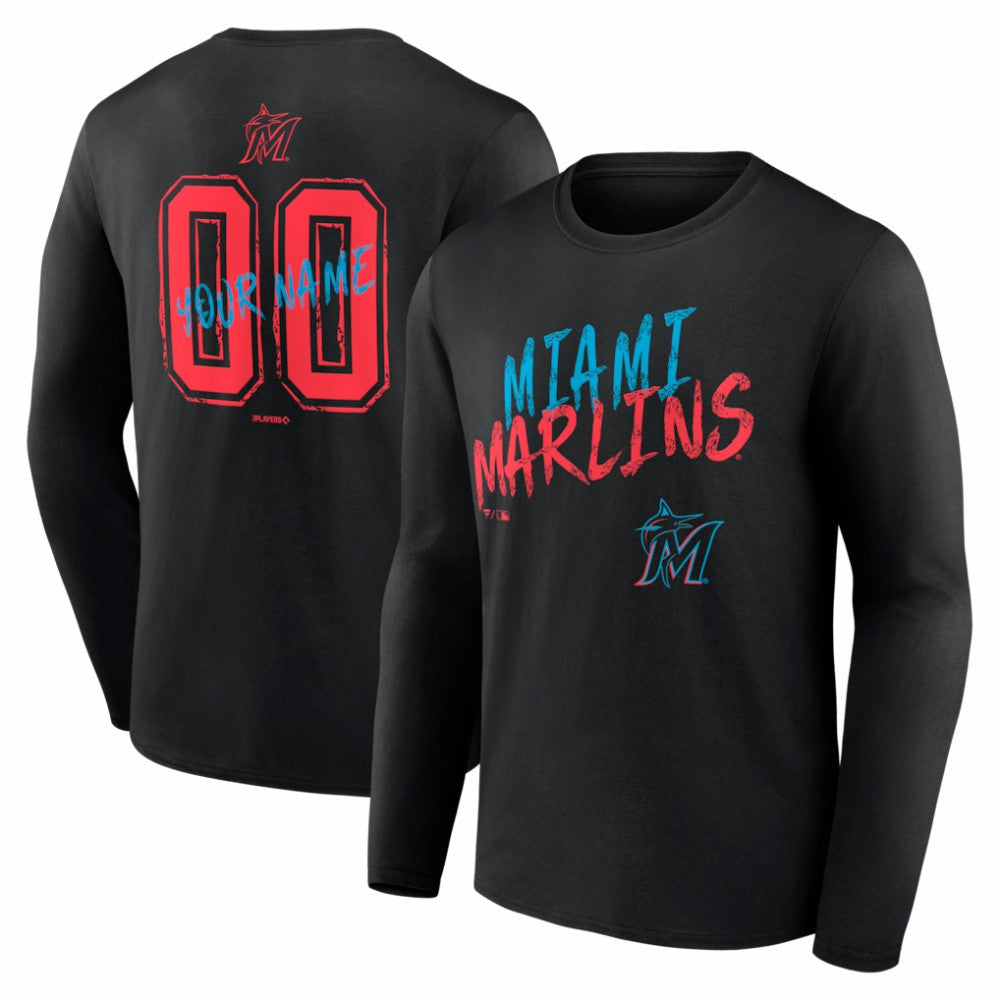 Miami Marlins  Hustle Personalized Name & Number Long Sleeve T-Shirt - Black T-shirts