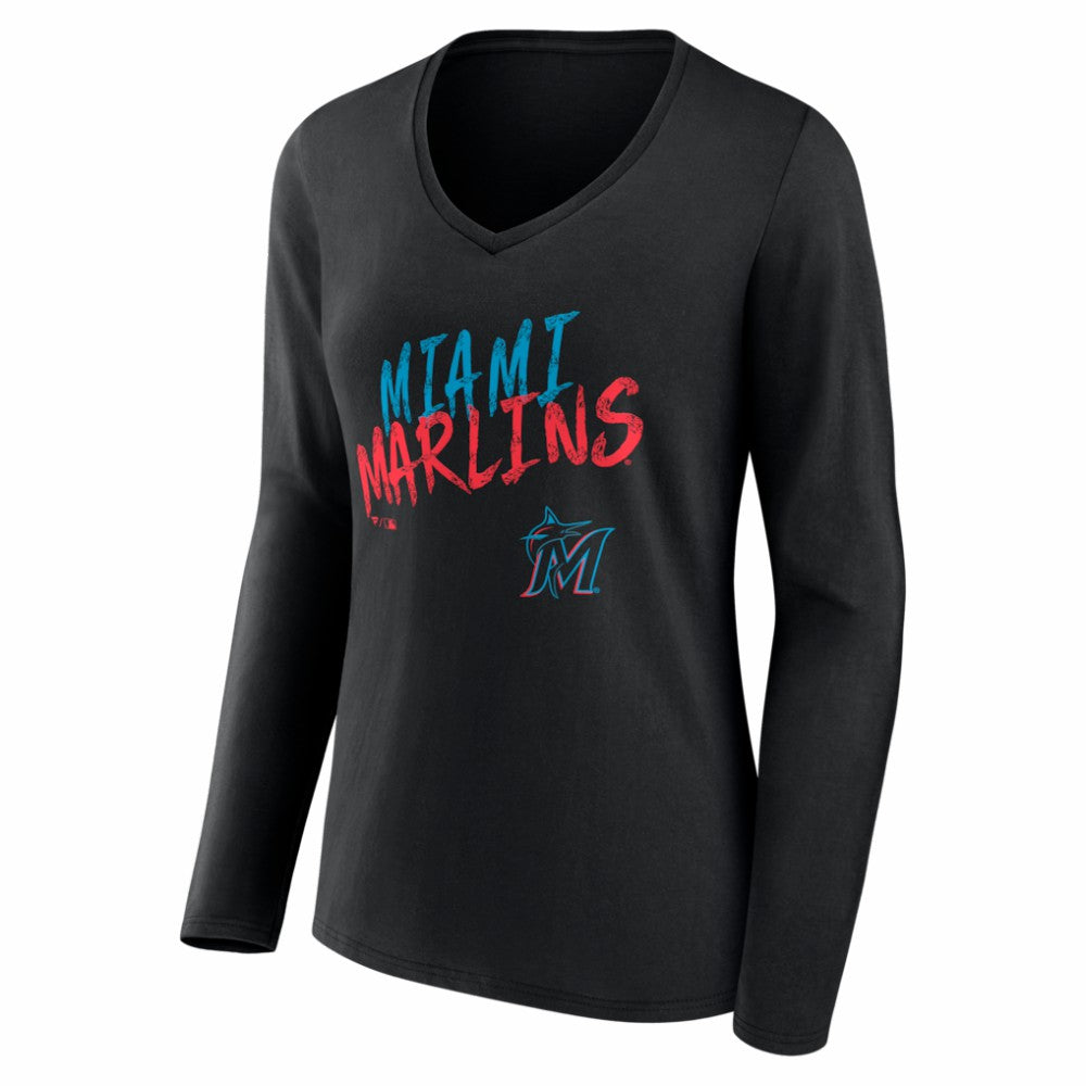 Miami Marlins Women's Hustle Personalized Name & Number Long Sleeve V-Neck T-Shirt - Black T-shirts