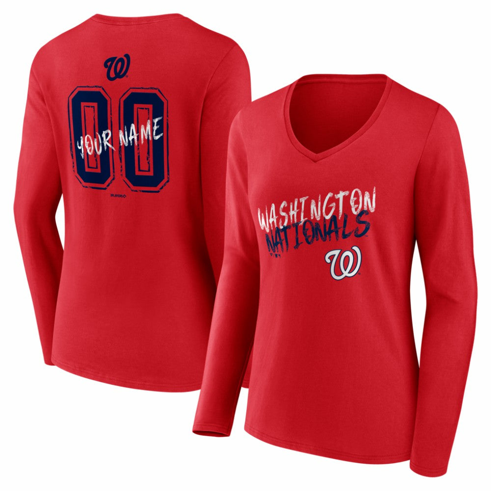 Washington Nationals Women's Hustle Personalized Name & Number Long Sleeve V-Neck T-Shirt - Red T-shirts