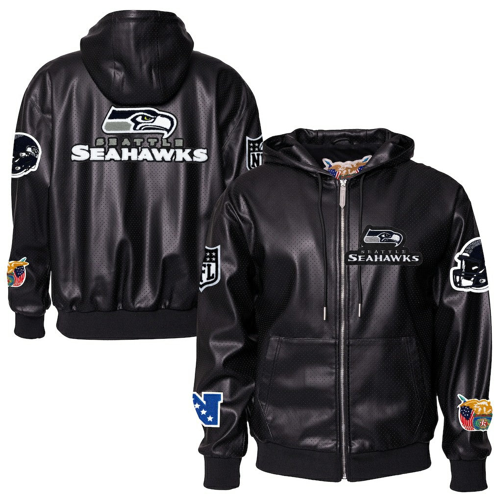 Seattle Seahawks Jeff Hamilton Vegan Leather Full-Zip Hooded Jacket - Black Jackets