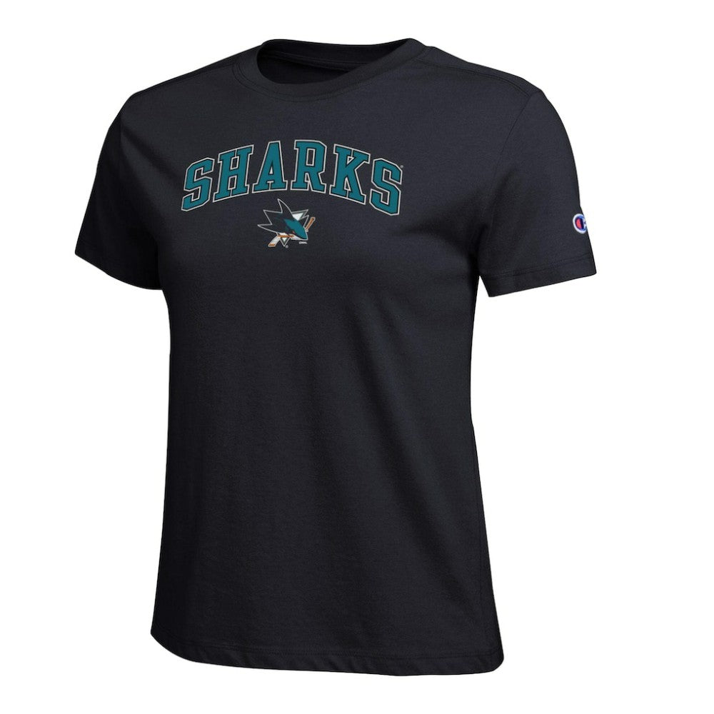 San Jose Sharks Champion Women's Arch Mascot Logo T-Shirt - Black | US 203898285