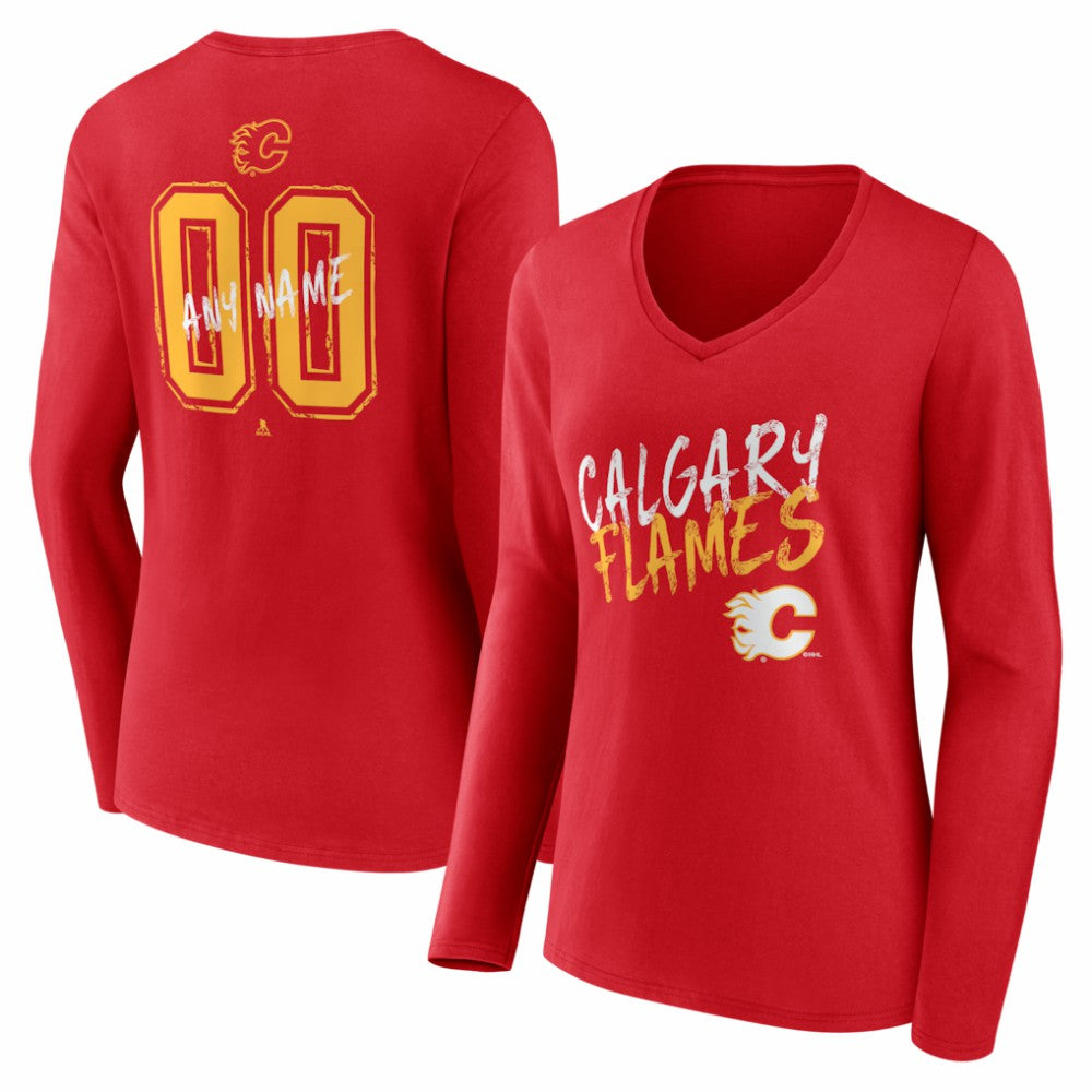Calgary Flames Women's Hustle Personalized Name & Number Long Sleeve V-Neck T-Shirt - Red | US 203920993