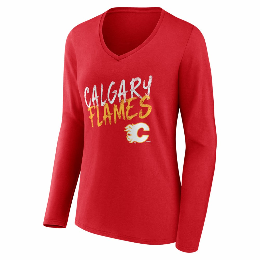 Calgary Flames Women's Hustle Personalized Name & Number Long Sleeve V-Neck T-Shirt - Red | US 203920993