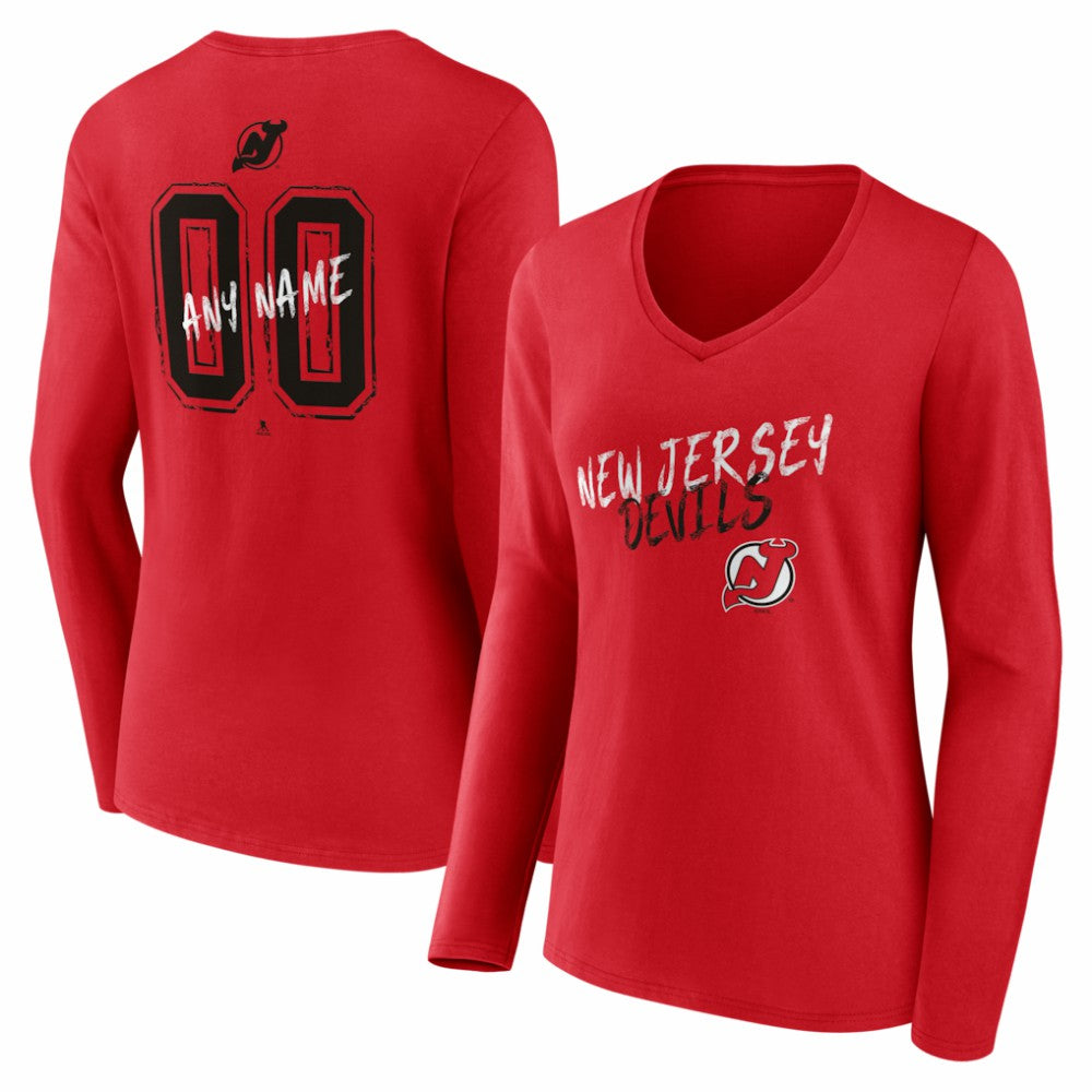 New Jersey Devils Women's Hustle Personalized Name & Number Long Sleeve V-Neck T-Shirt - Red | US 203921070