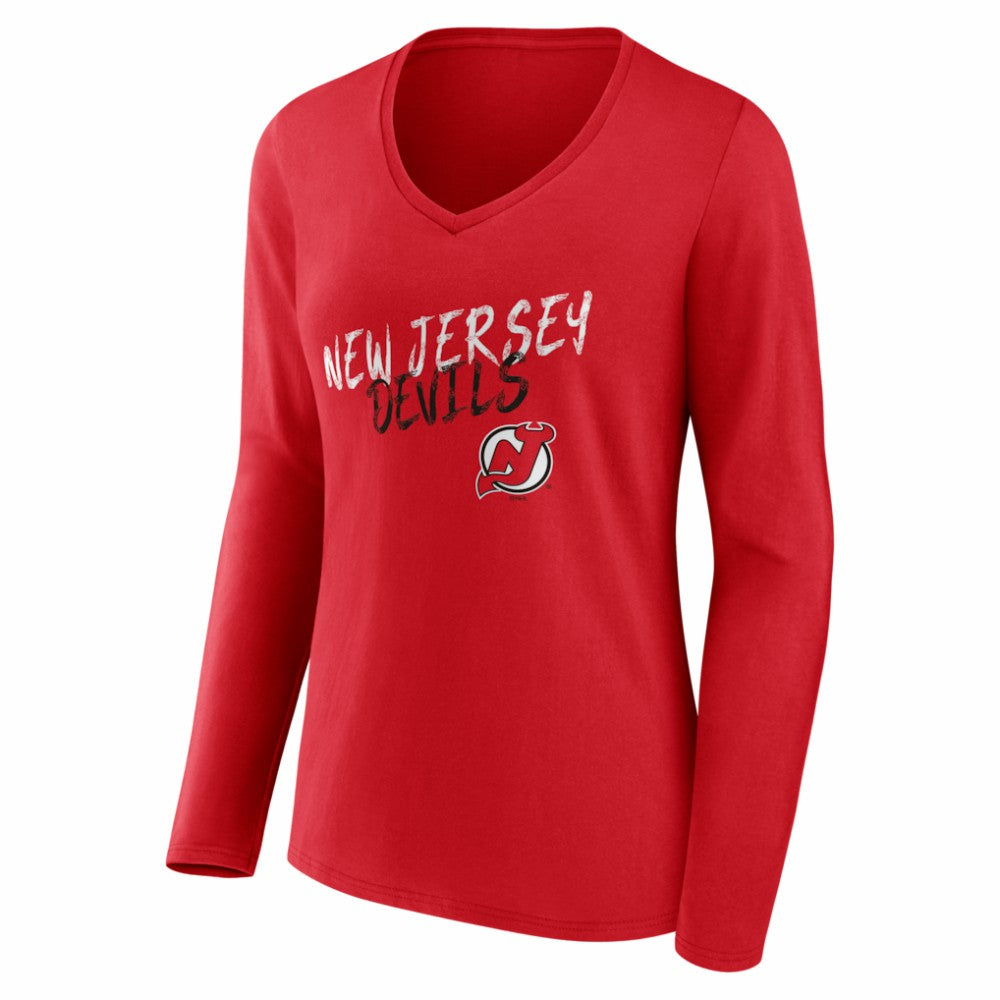 New Jersey Devils Women's Hustle Personalized Name & Number Long Sleeve V-Neck T-Shirt - Red | US 203921070