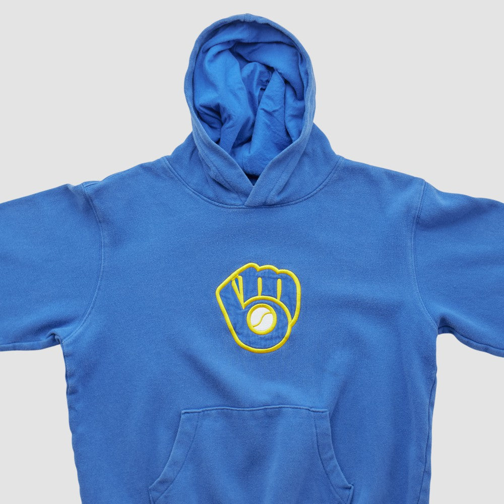 Milwaukee Brewers Majestic 2000s Hooded Pullover Sweatshirt - Blue - Yth XVintage Pullover