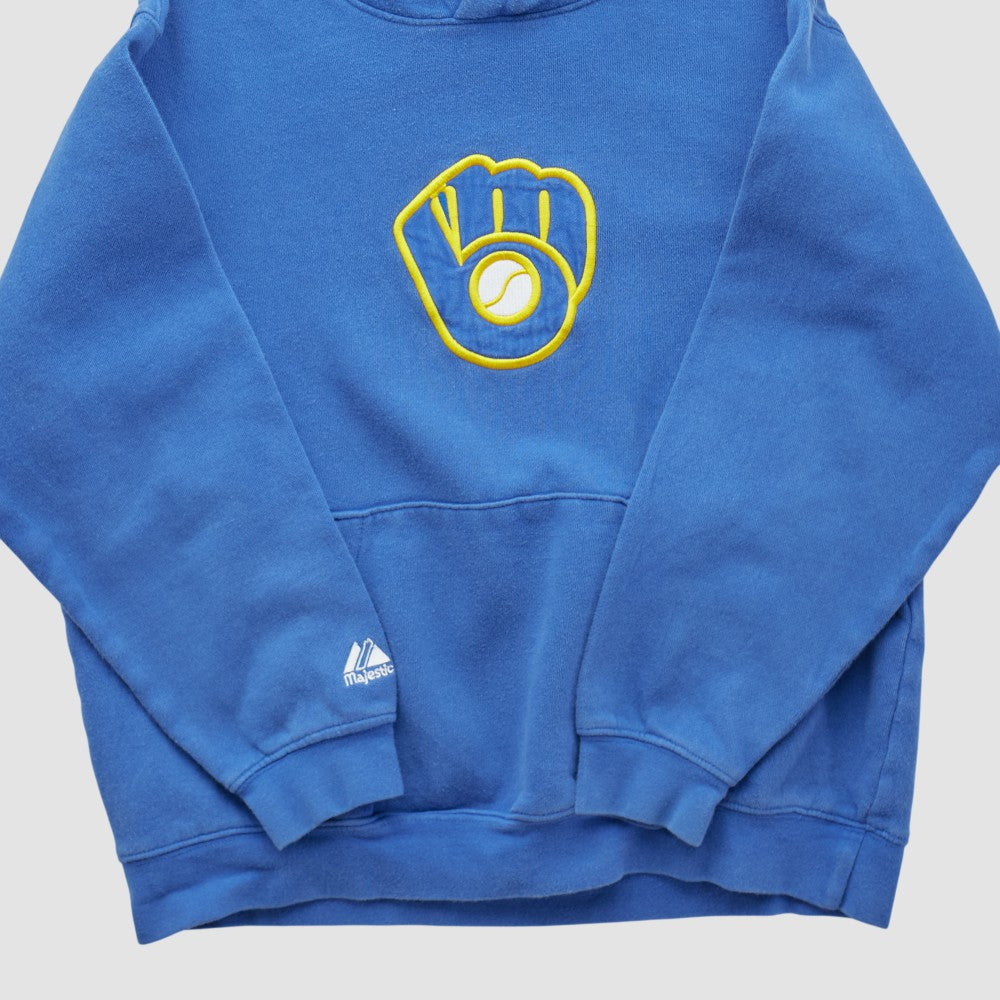 Milwaukee Brewers Majestic 2000s Hooded Pullover Sweatshirt - Blue - Yth XVintage Pullover