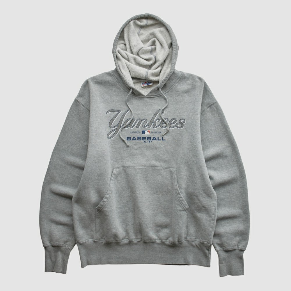 New York Yankees Majestic 2000s Hooded Pullover Sweatshirt - Heather Gray - Vintage Pullover