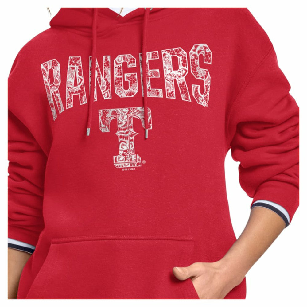 Texas Rangers Starter Women's Lace Team Lockup Fleece Hoodie - Red Hoodies