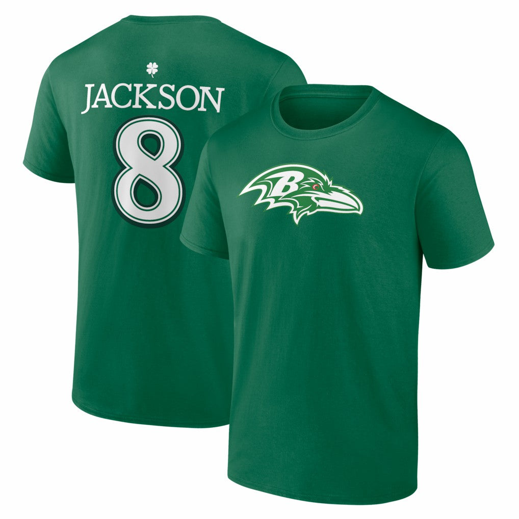 Lamar Jackson Baltimore Ravens St. Patrick's Day Icon Name & Number T-Shirt - Green T-shirts