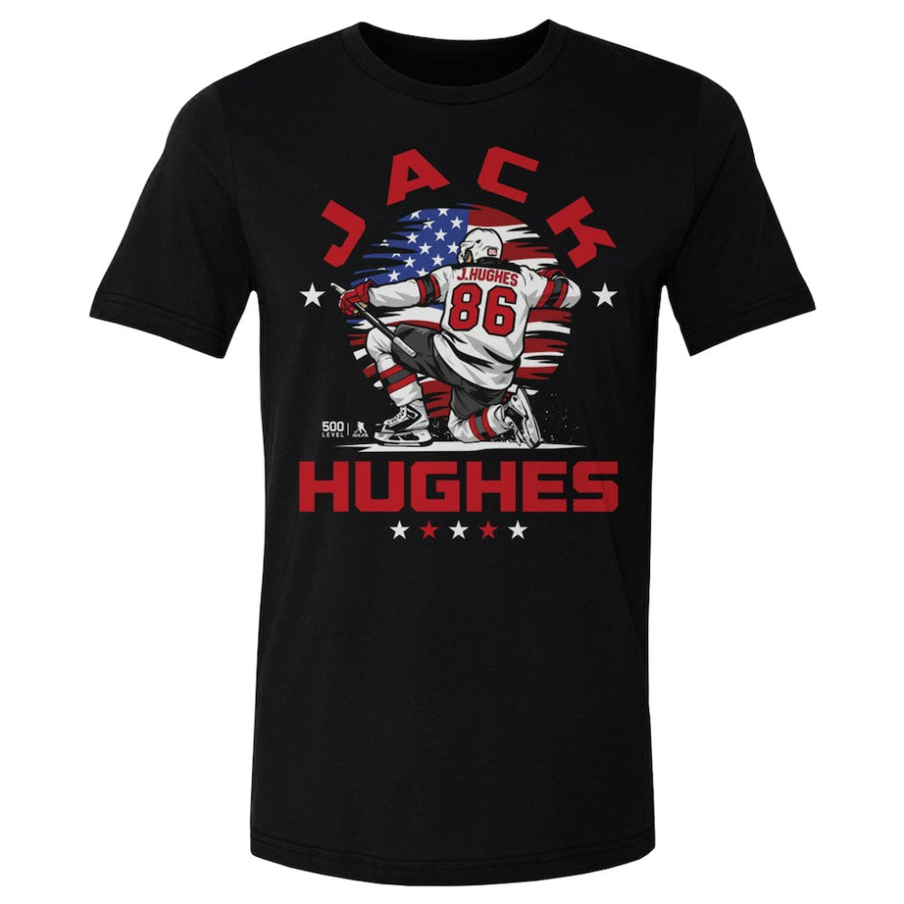 Jack Hughes US Men's Hockey 500 Level Flag T-Shirt - Black | US 203959018