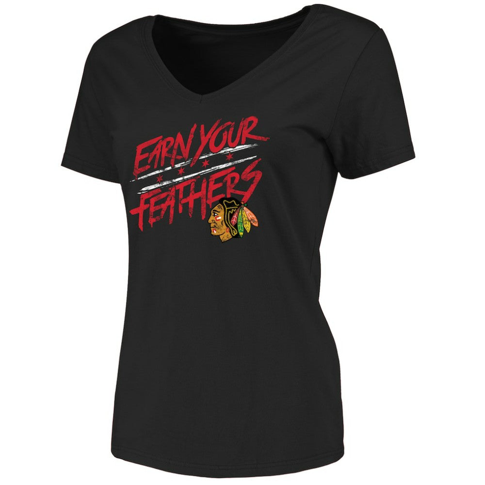 Chicago Blackhawks Women's Hometown Collection Earn Your Feathers T-Shirt - Black | US 2429849