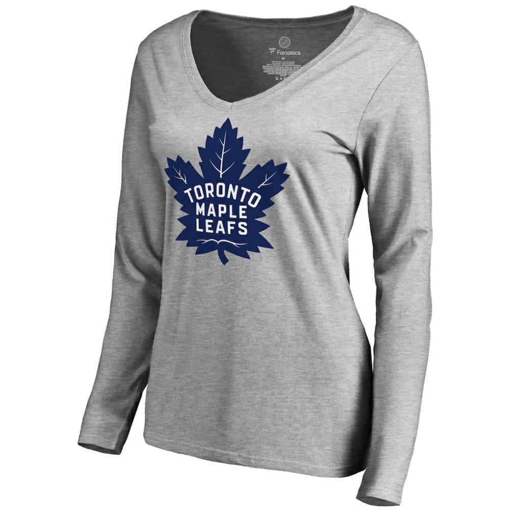 Toronto Maple Leafs Women's New Primary Logo V-Neck Long Sleeve T-Shirt - Heathered Gray | US 2509235