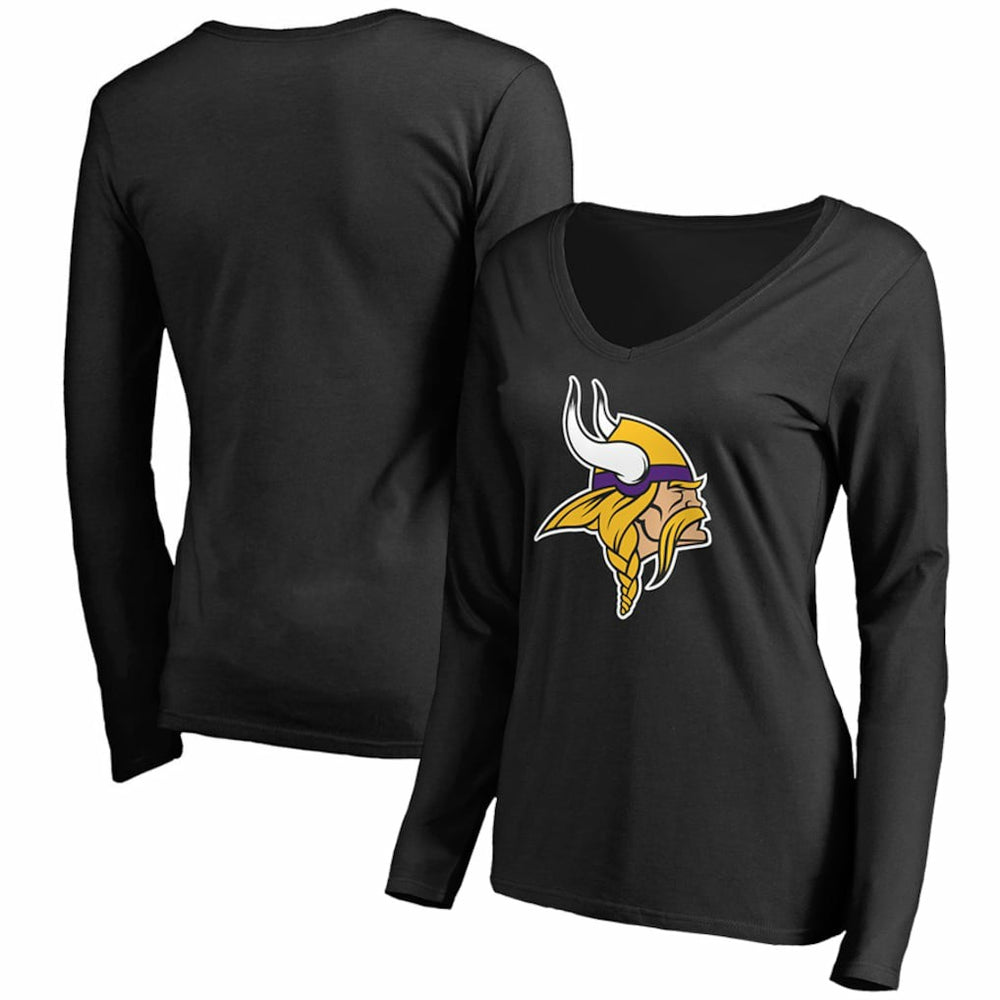 Minnesota Vikings Women's Primary Team Logo V-Neck Long Sleeve T-Shirt - Black T-shirts