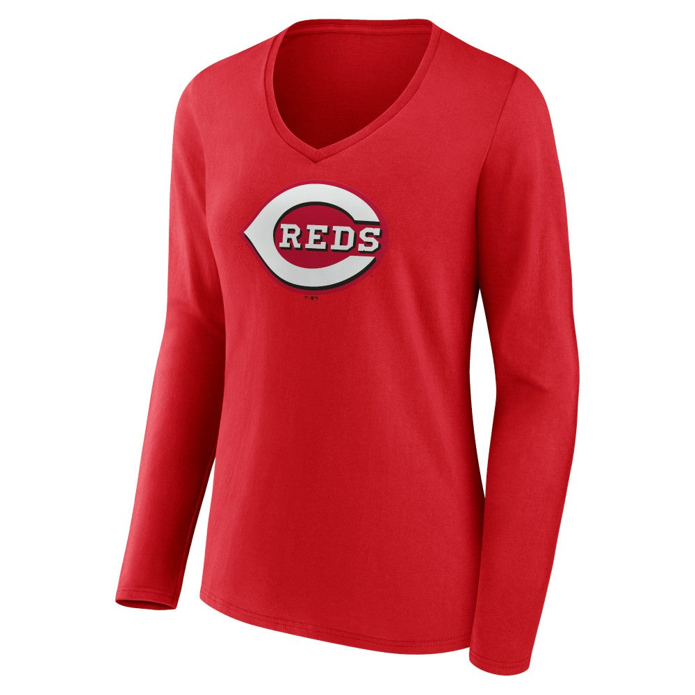 Cincinnati Reds Women's Team Color Primary Logo V-Neck Long Sleeve T-Shirt - Red T-shirts