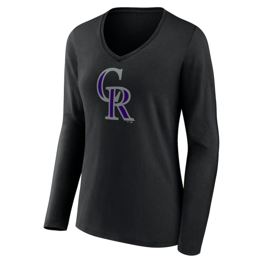 Colorado Rockies Women's Team Color Primary Logo V-Neck Long Sleeve T-Shirt - Black T-shirts