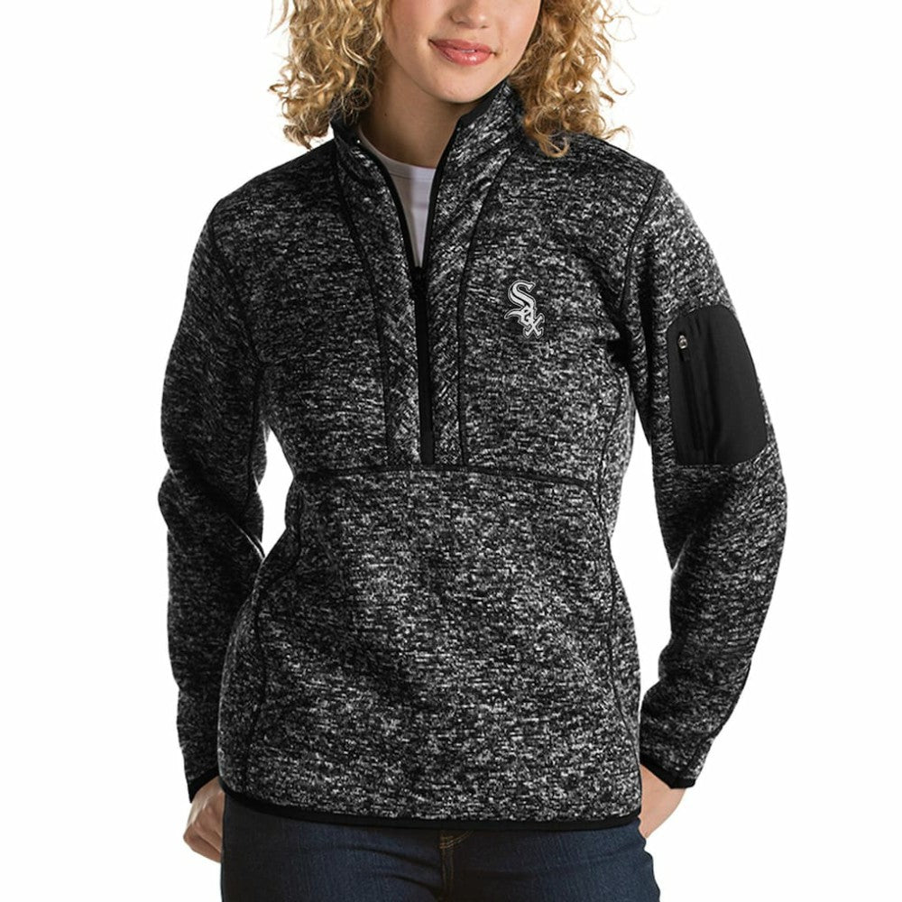 Chicago White Sox Antigua Women's Fortune Half-Zip Pullover Sweater - Heathered Black Pullover